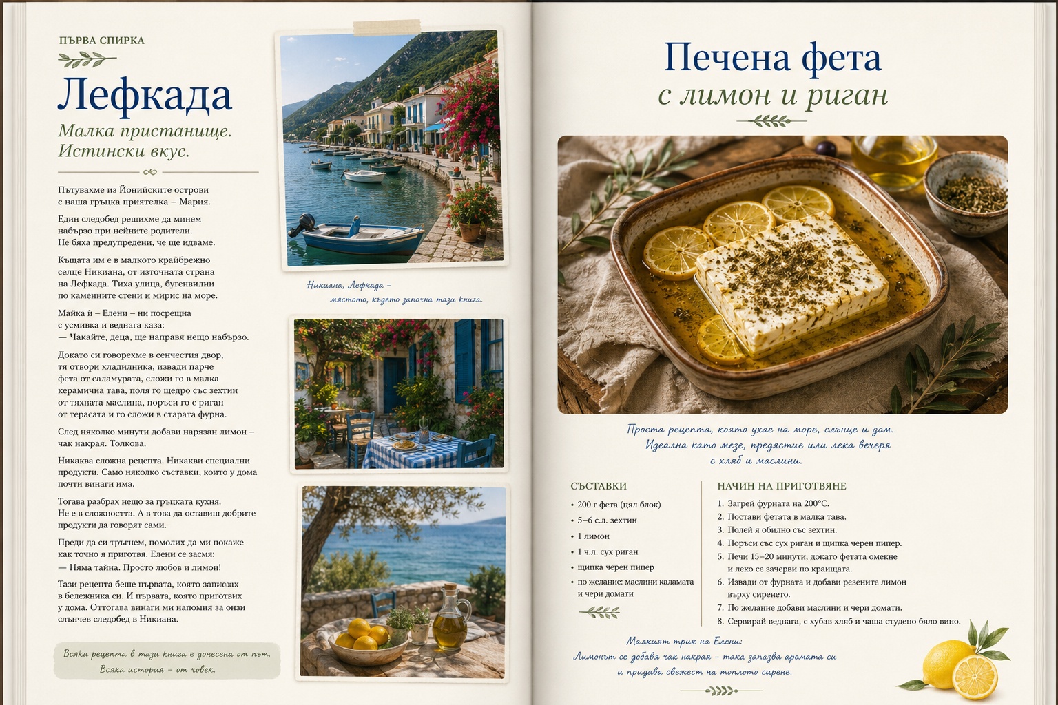 Отворена страница от книгата: история на спирката отляво, рецепта отдясно